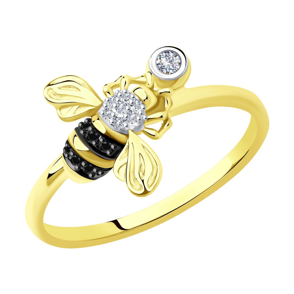 Кольцо SOKOLOV из желтого золота с бриллиантами и черными облагороженными бриллиантами